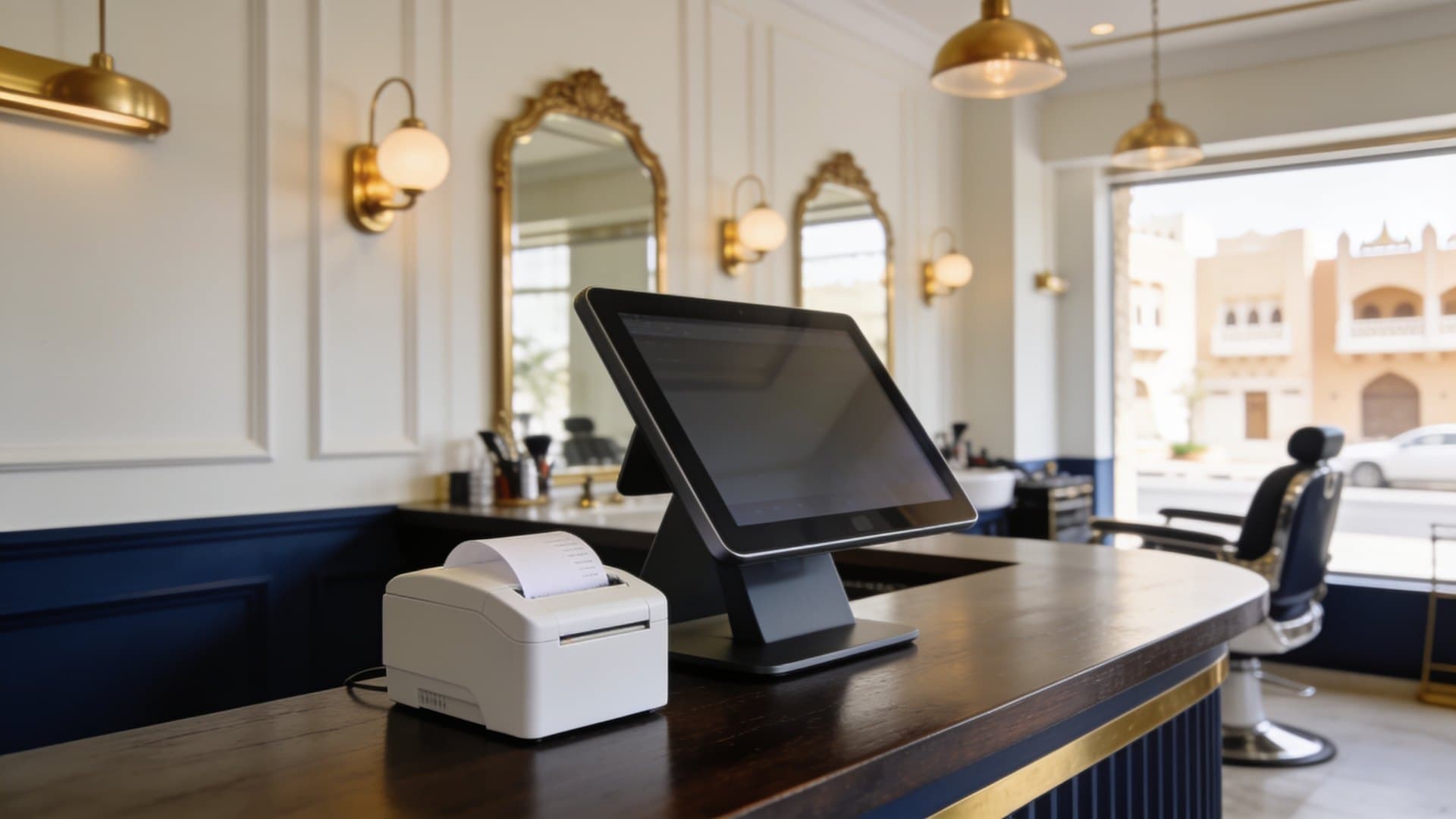 A NexudoPOS register on a Gulf barbershop counter